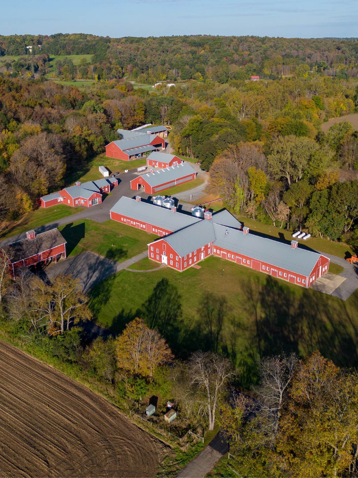 Aerial view of a large red barn complex surrounded by trees and fields.