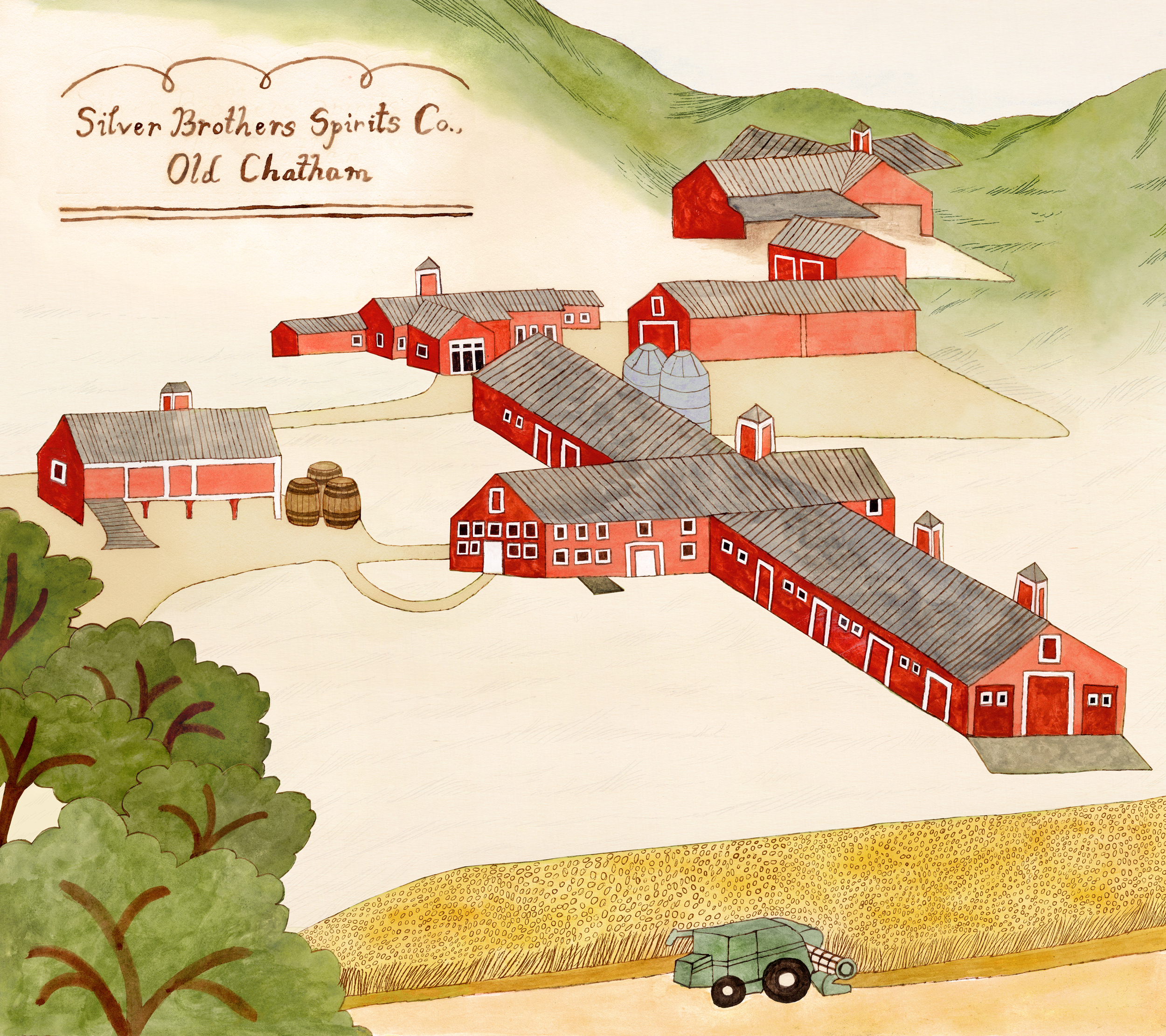 Illustration of Silver Brothers Spirits Company Distillery by Millie von Platen